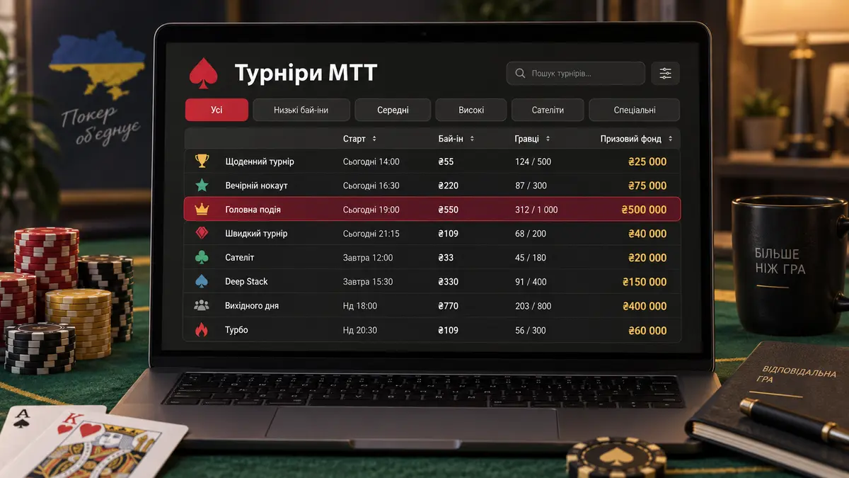 Лобі турнірів MTT з розкладом і розміром бай-інів