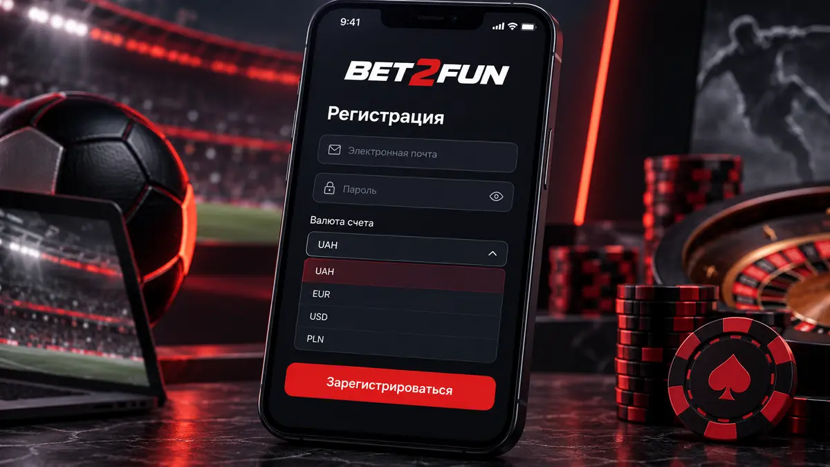 Форма регистрации Bet2fun с выбором валюты счета