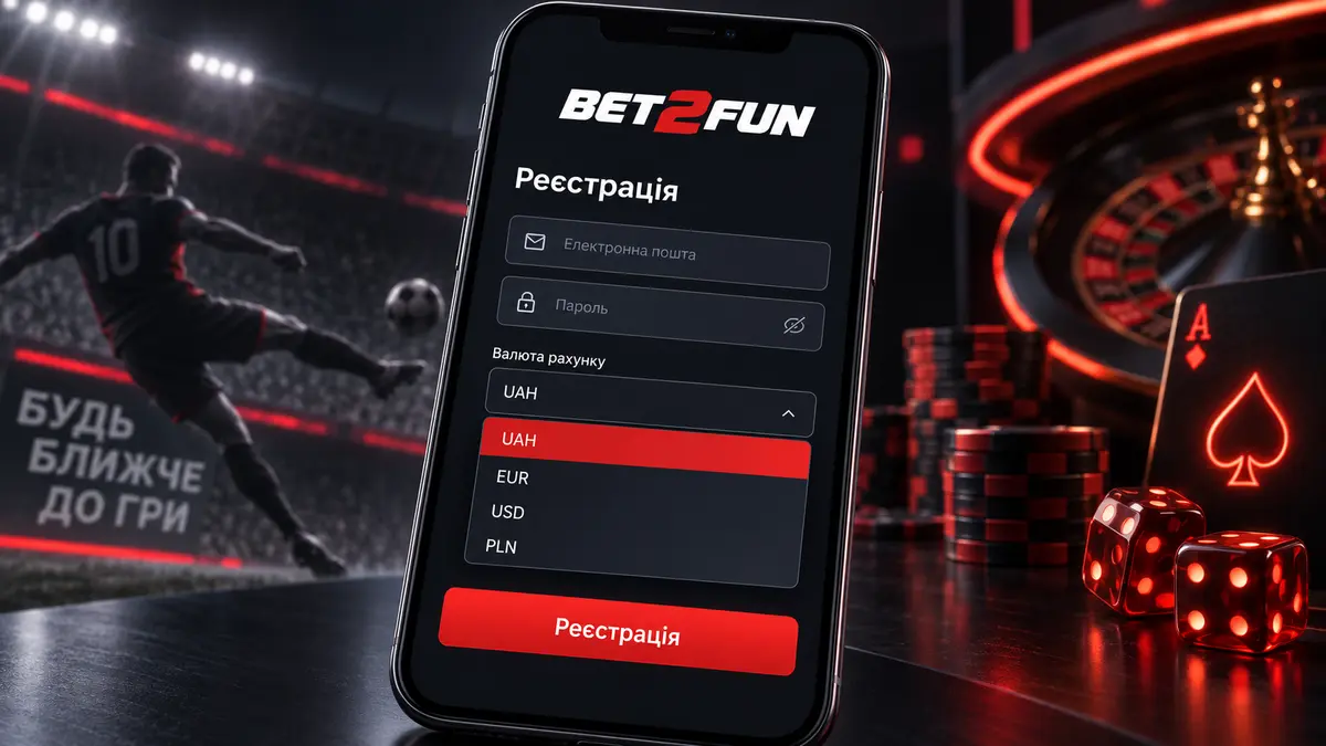Форма реєстрації Bet2fun з вибором валюти рахунку
