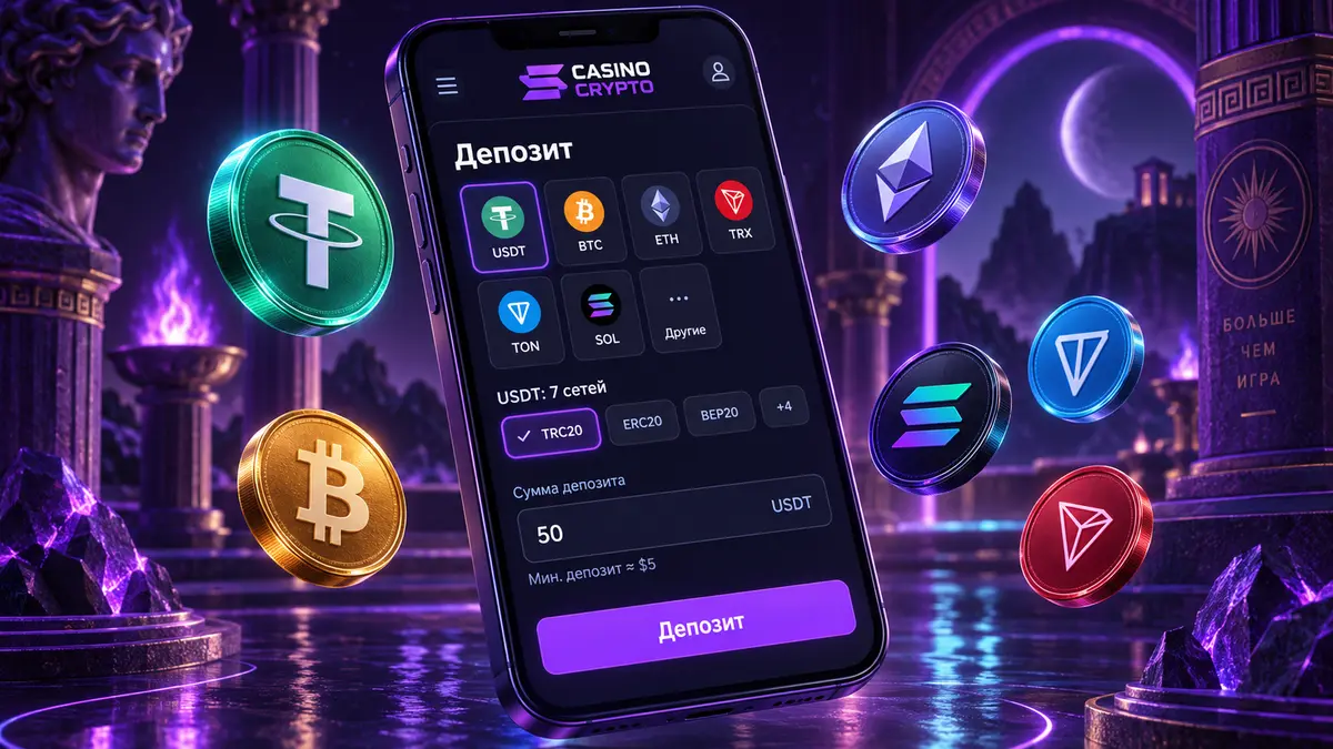 Касса CasinoCrypto с выбором монеты и сети