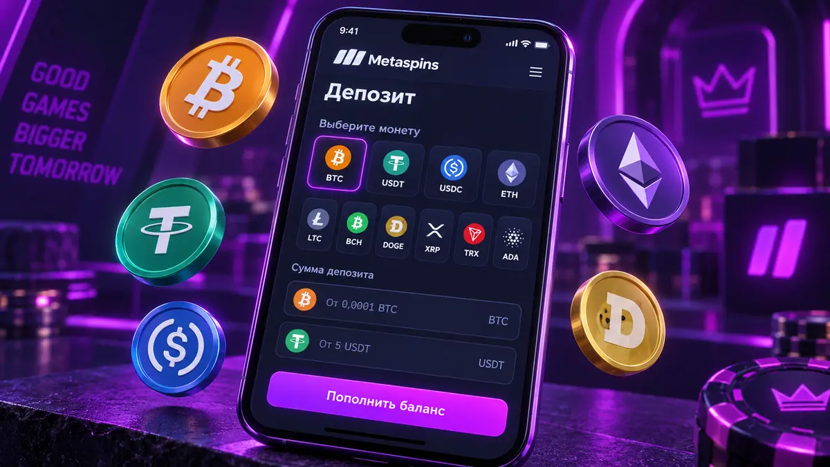 Касса Metaspins с выбором монеты для депозита