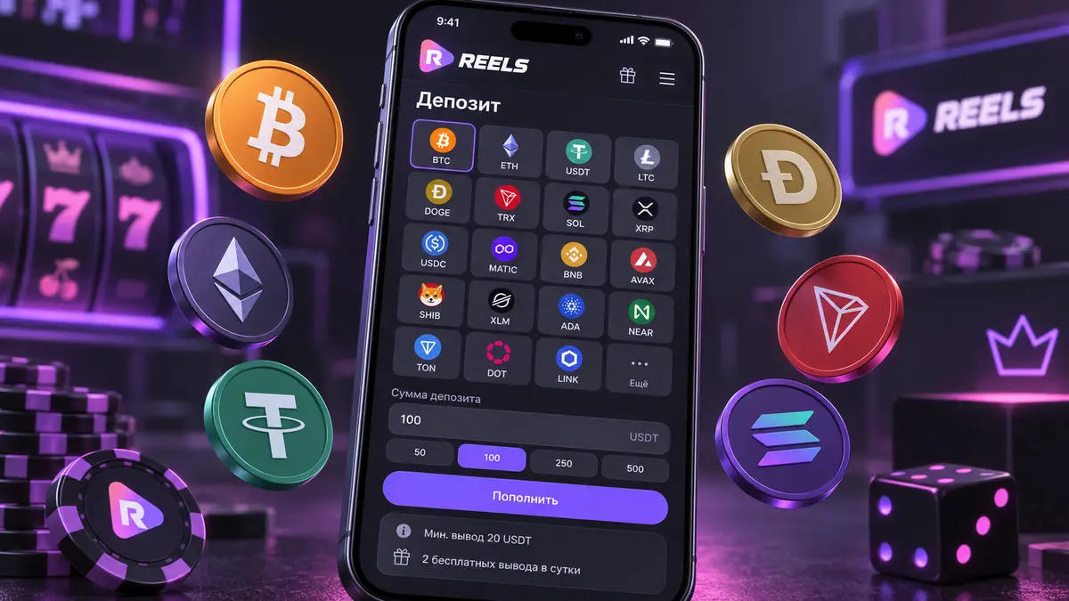 Касса Reels.io с выбором монеты для депозита
