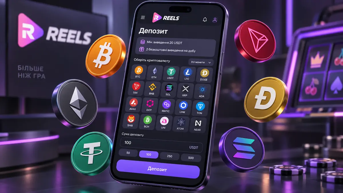 Каса Reels.io з вибором монети для депозиту